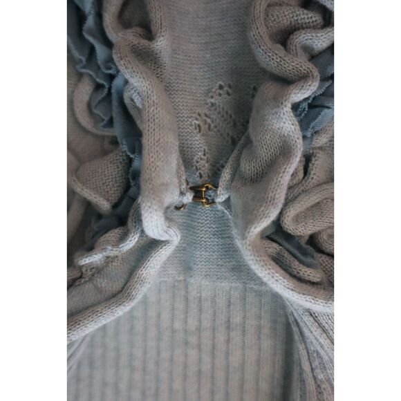 Anthropologie Guinevere Women's Sz M Blue Pointelle Ruffled Curly Top Cardigan - Picture 8 of 12